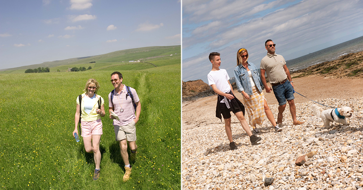 couple walking through a flowery field in the Durham Dales and family walking along beach